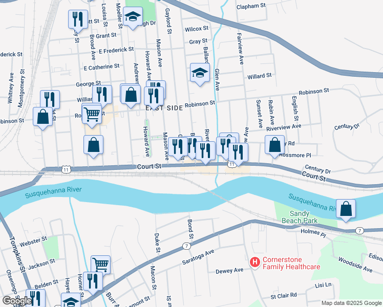 map of restaurants, bars, coffee shops, grocery stores, and more near 6 Bigelow Street in Binghamton