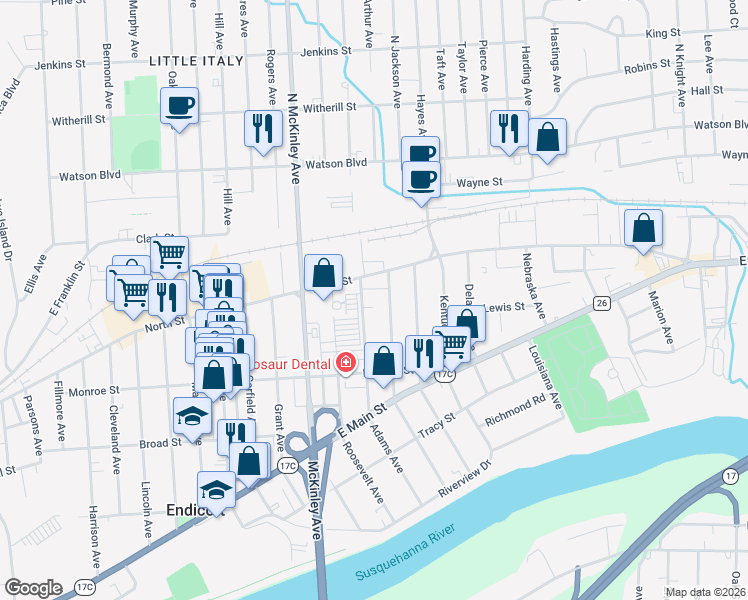 map of restaurants, bars, coffee shops, grocery stores, and more near 13 Arthur Avenue in Endicott