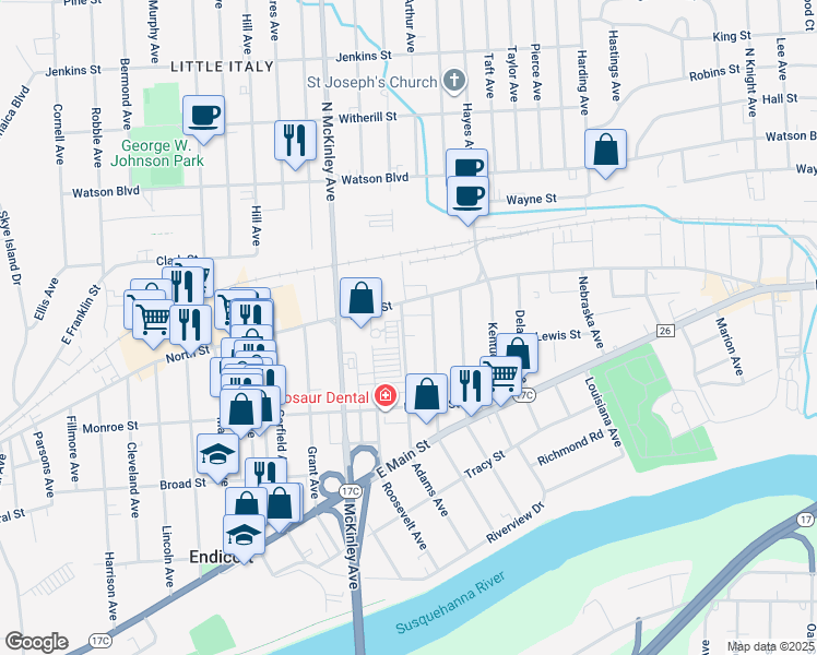 map of restaurants, bars, coffee shops, grocery stores, and more near 2-22 Adams Avenue in Endicott