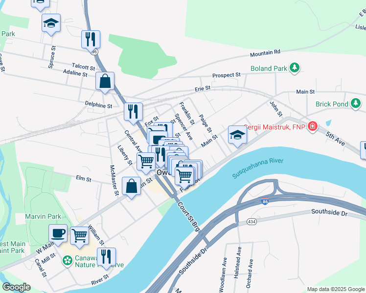map of restaurants, bars, coffee shops, grocery stores, and more near 62 Church Street in Owego