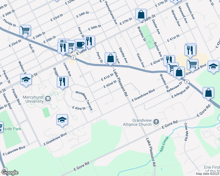 map of restaurants, bars, coffee shops, grocery stores, and more near 4206 Perry Street in Erie