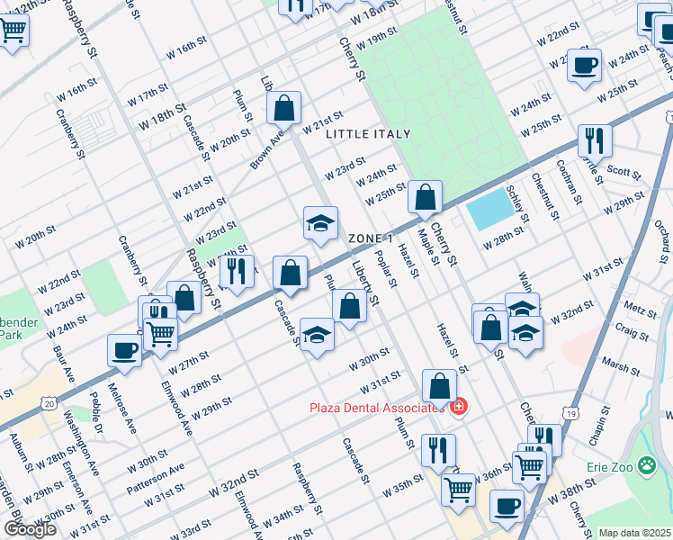 map of restaurants, bars, coffee shops, grocery stores, and more near 821 West 26th Street in Erie