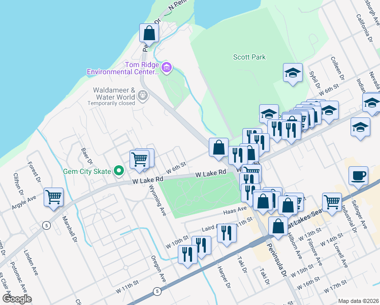 map of restaurants, bars, coffee shops, grocery stores, and more near 2940 West 6th Street in Erie