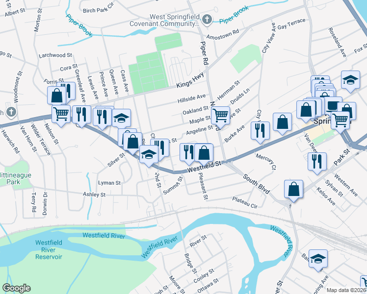 map of restaurants, bars, coffee shops, grocery stores, and more near 58 Calvin Circle in West Springfield