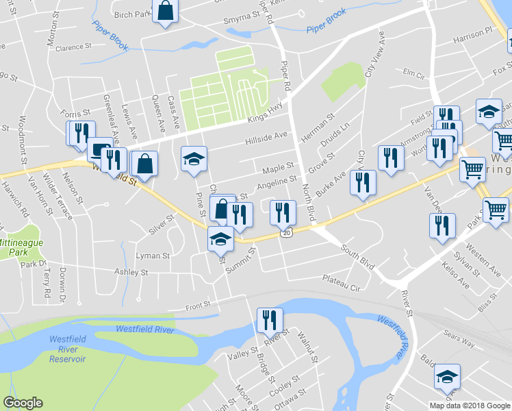 map of restaurants, bars, coffee shops, grocery stores, and more near 58 Calvin Circle in West Springfield