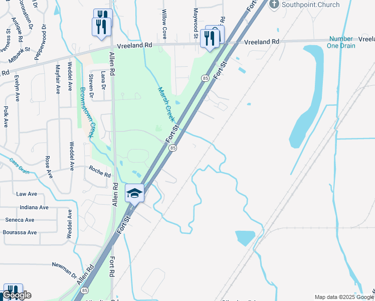 map of restaurants, bars, coffee shops, grocery stores, and more near 28005 Fort Street in Brownstown Charter Township