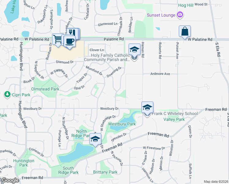 map of restaurants, bars, coffee shops, grocery stores, and more near 4480 Thornbark Drive in Hoffman Estates