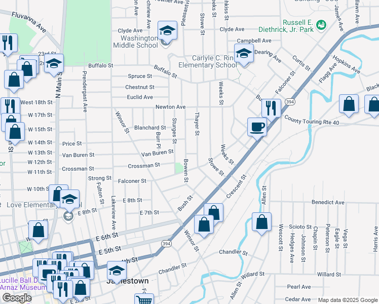 map of restaurants, bars, coffee shops, grocery stores, and more near 1 Dover Street in Jamestown