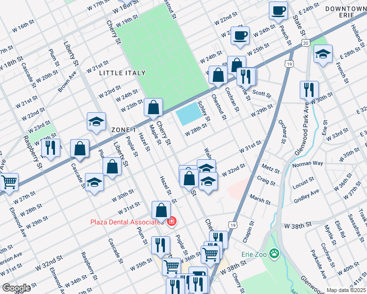 map of restaurants, bars, coffee shops, grocery stores, and more near 542 West 29th Street in Erie