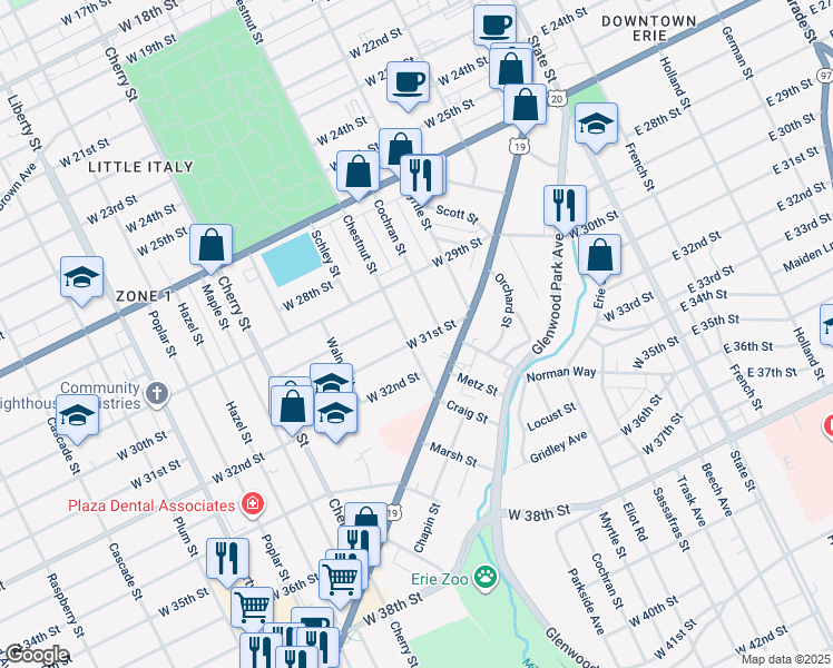 map of restaurants, bars, coffee shops, grocery stores, and more near 356 W 31st St in Erie