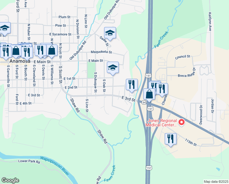 map of restaurants, bars, coffee shops, grocery stores, and more near 206-210 Hamilton Street in Anamosa