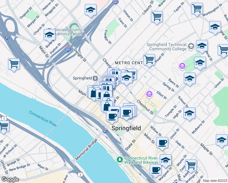 map of restaurants, bars, coffee shops, grocery stores, and more near 295 Worthington Street in Springfield