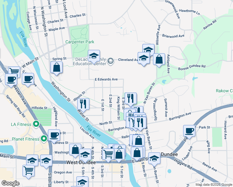 map of restaurants, bars, coffee shops, grocery stores, and more near 201 King William Street in East Dundee