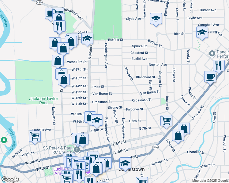 map of restaurants, bars, coffee shops, grocery stores, and more near 119 Van Buren Street in Jamestown