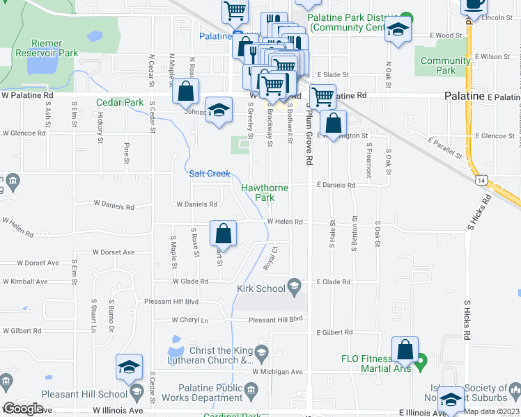 map of restaurants, bars, coffee shops, grocery stores, and more near 236 South Greeley Street in Palatine