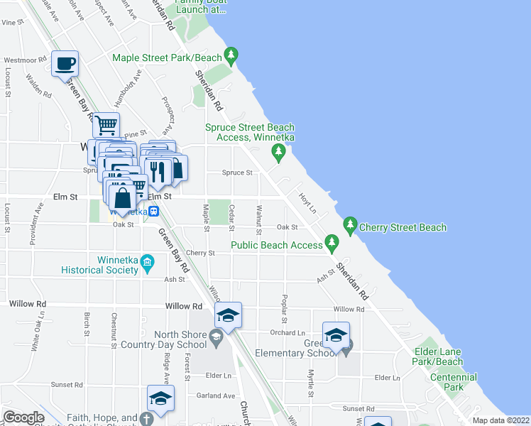 map of restaurants, bars, coffee shops, grocery stores, and more near 513 Walnut Street in Winnetka