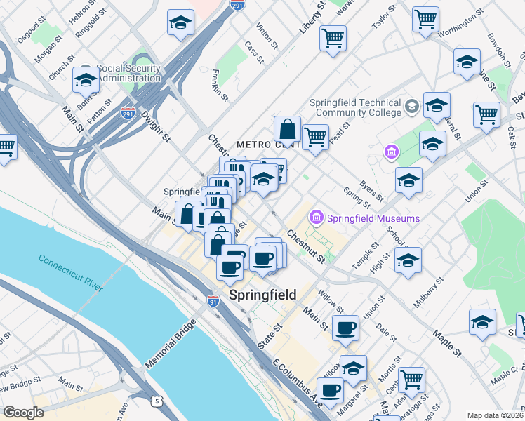 map of restaurants, bars, coffee shops, grocery stores, and more near 84 Hillman Street in Springfield