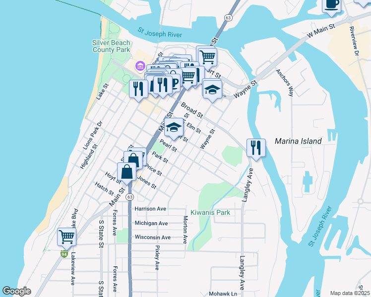 map of restaurants, bars, coffee shops, grocery stores, and more near 623 Church Street in St. Joseph