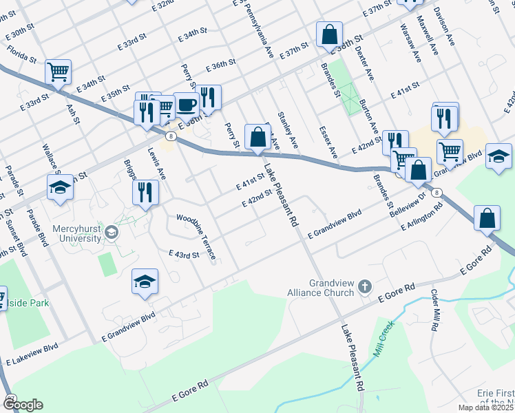 map of restaurants, bars, coffee shops, grocery stores, and more near 4206 Perry Street in Erie