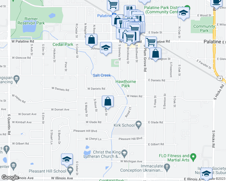 map of restaurants, bars, coffee shops, grocery stores, and more near 234 South Smith Street in Palatine