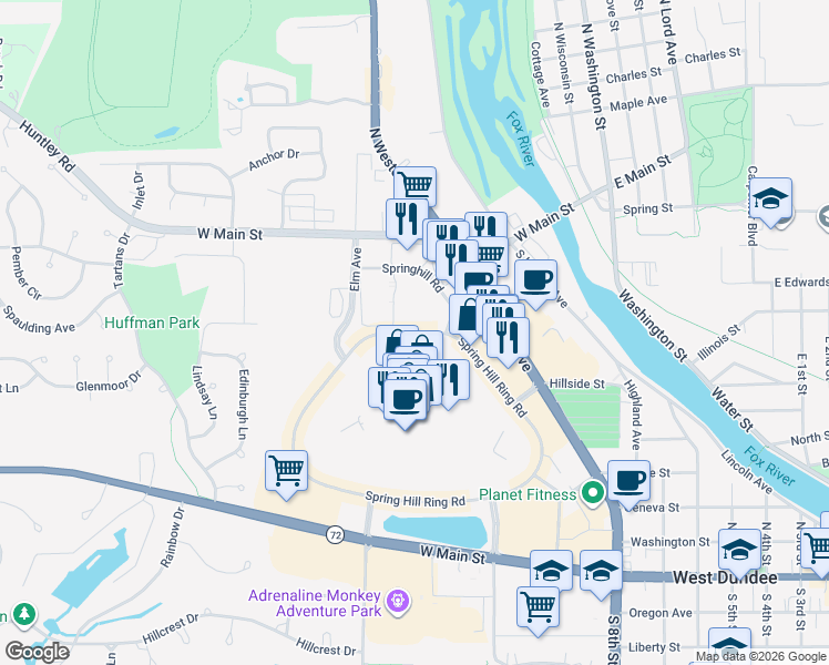 map of restaurants, bars, coffee shops, grocery stores, and more near Spring Hill Ring Road in West Dundee