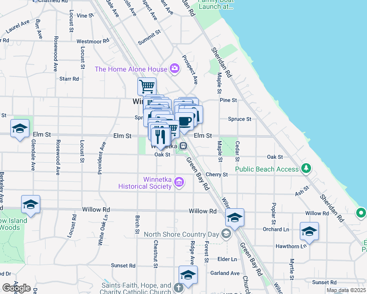 map of restaurants, bars, coffee shops, grocery stores, and more near 754 Elm Street in Winnetka