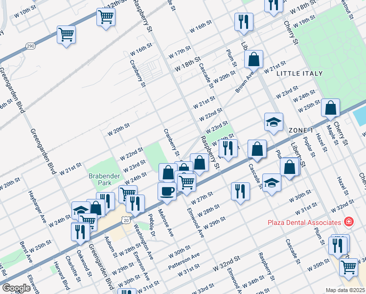 map of restaurants, bars, coffee shops, grocery stores, and more near 1147 West 23rd Street in Erie