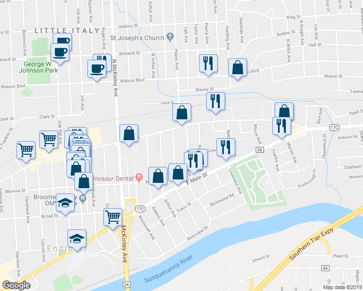 map of restaurants, bars, coffee shops, grocery stores, and more near 26 Kentucky Avenue in Endicott