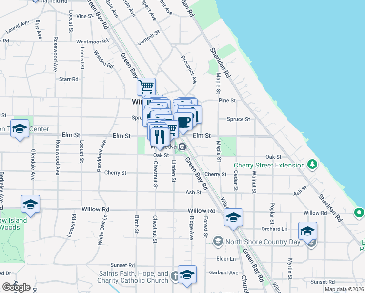 map of restaurants, bars, coffee shops, grocery stores, and more near 754 Elm Street in Winnetka
