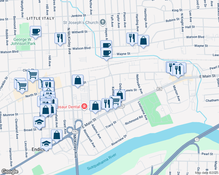 map of restaurants, bars, coffee shops, grocery stores, and more near 26 Kentucky Avenue in Endicott