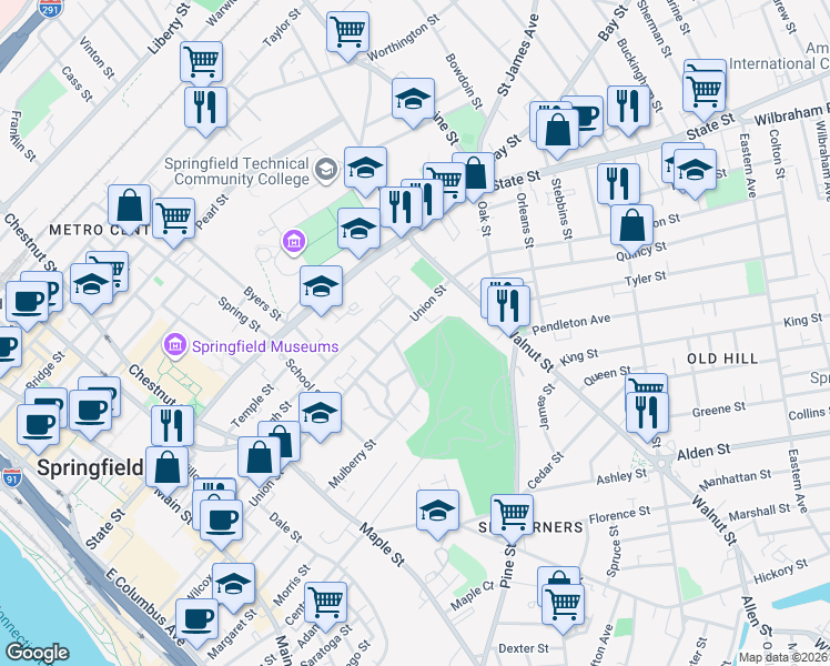 map of restaurants, bars, coffee shops, grocery stores, and more near 399-401 Union St in Springfield
