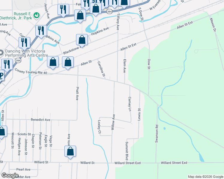 map of restaurants, bars, coffee shops, grocery stores, and more near 220 Willow Avenue in Jamestown