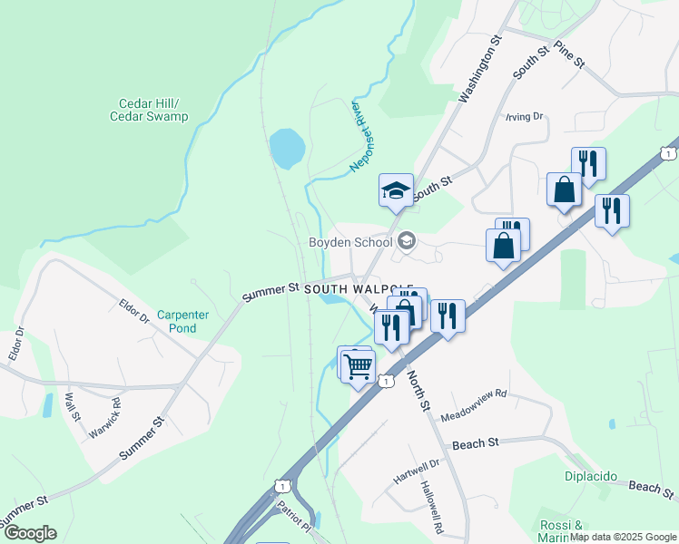 map of restaurants, bars, coffee shops, grocery stores, and more near 11 Summer Street in Walpole