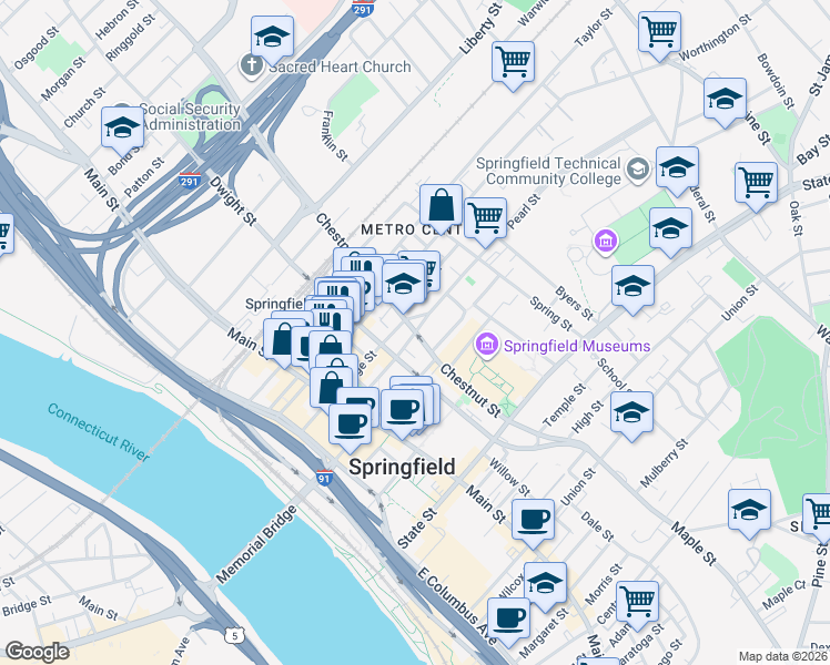 map of restaurants, bars, coffee shops, grocery stores, and more near Chestnut Street & Hillman Street & Pearl Street in Springfield