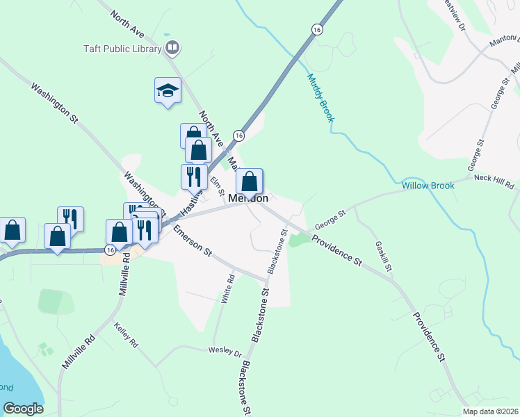 map of restaurants, bars, coffee shops, grocery stores, and more near 21 Main Street in Mendon