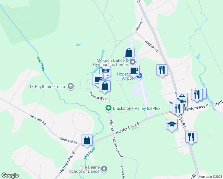 map of restaurants, bars, coffee shops, grocery stores, and more near 114 Plain Street in Hopedale