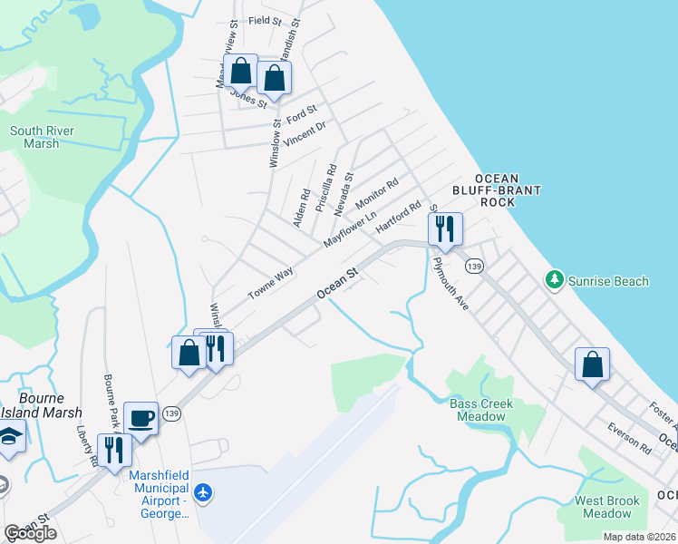 map of restaurants, bars, coffee shops, grocery stores, and more near 1028 Ocean Street in Marshfield