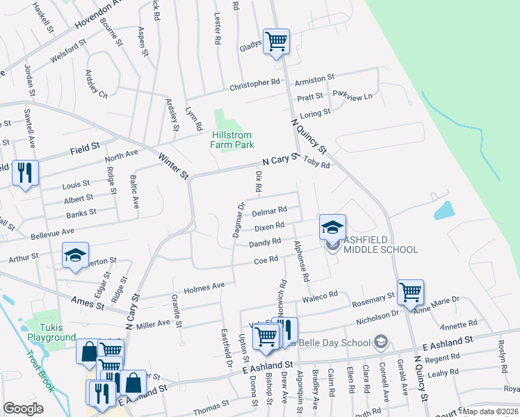 map of restaurants, bars, coffee shops, grocery stores, and more near 43 Delmar Road in Brockton
