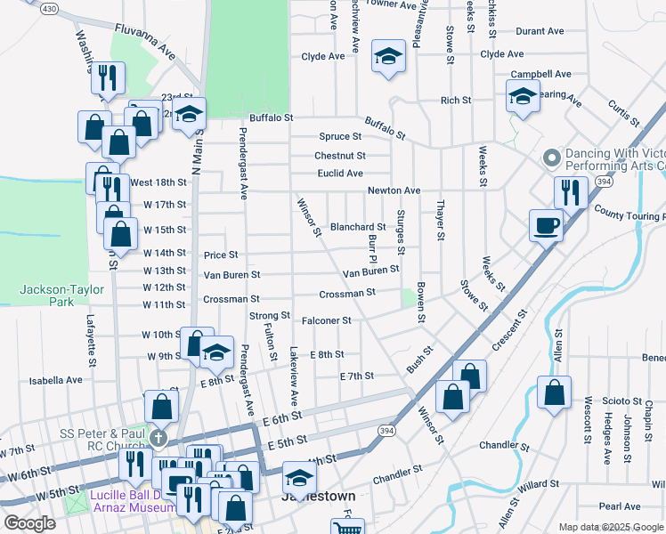 map of restaurants, bars, coffee shops, grocery stores, and more near 532 Winsor Street in Jamestown