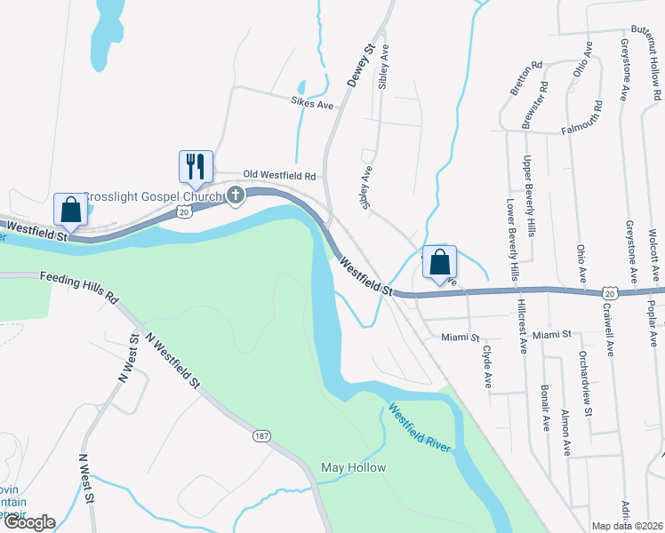 map of restaurants, bars, coffee shops, grocery stores, and more near 2405 Westfield Street in West Springfield
