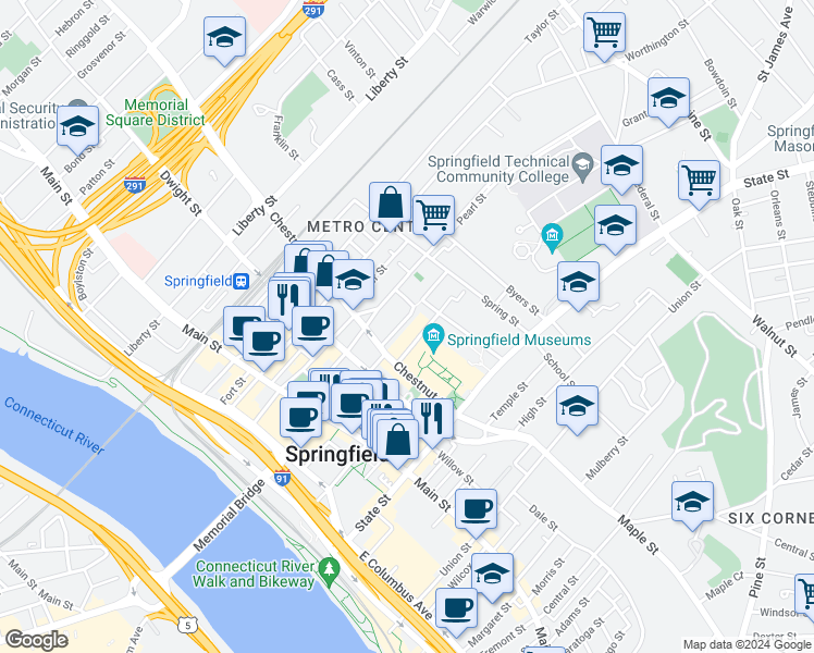 map of restaurants, bars, coffee shops, grocery stores, and more near 41 Mattoon Street in Springfield