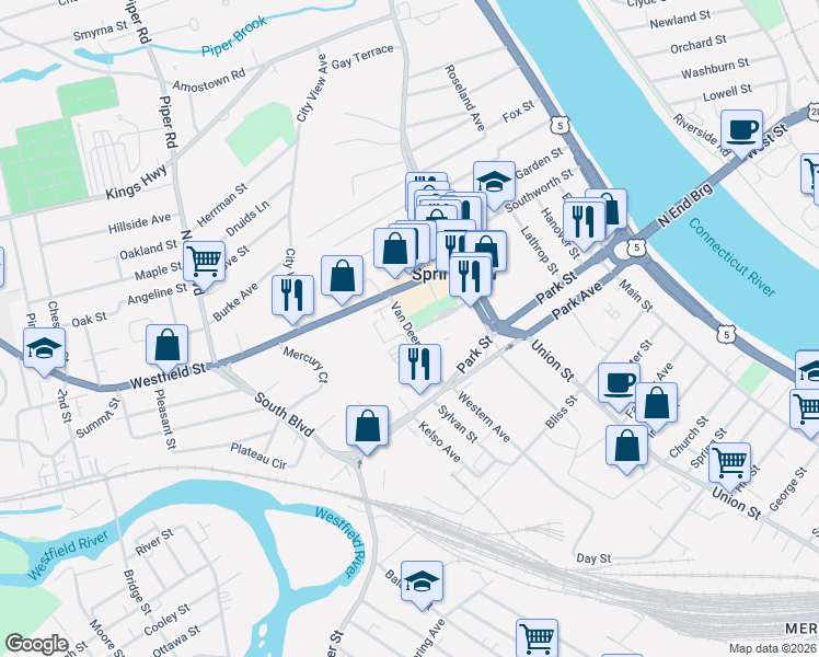 map of restaurants, bars, coffee shops, grocery stores, and more near 0 West Street in West Springfield