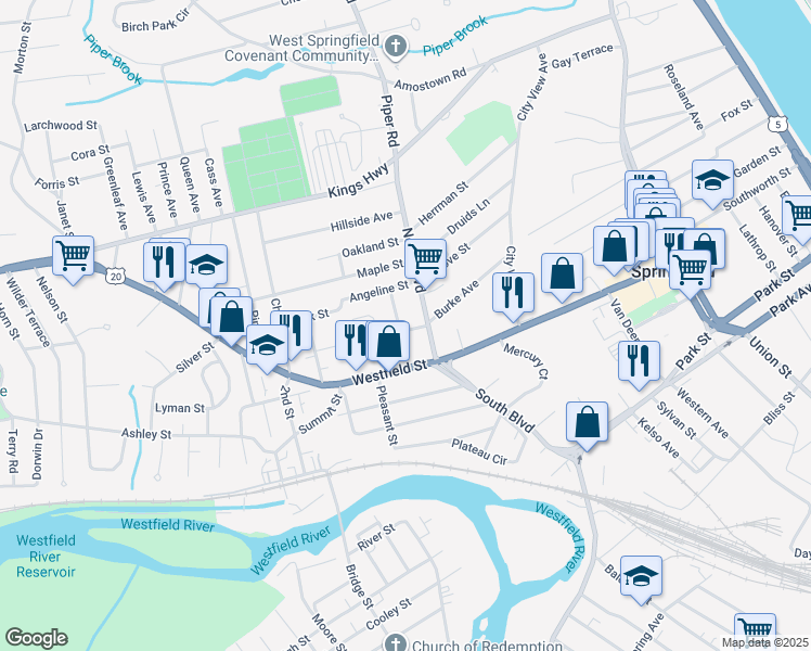 map of restaurants, bars, coffee shops, grocery stores, and more near 31 Boulevard Place in West Springfield