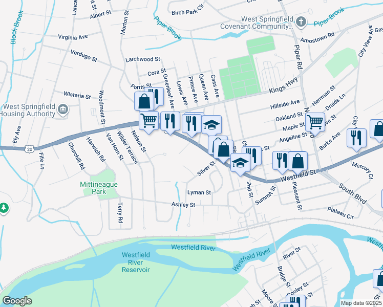 map of restaurants, bars, coffee shops, grocery stores, and more near 0 West Street in West Springfield