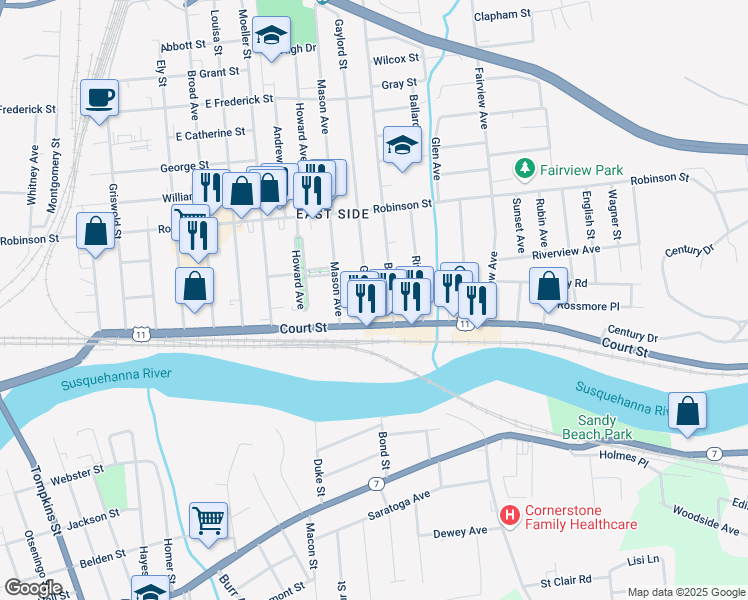 map of restaurants, bars, coffee shops, grocery stores, and more near 5 Gaylord Street in Binghamton