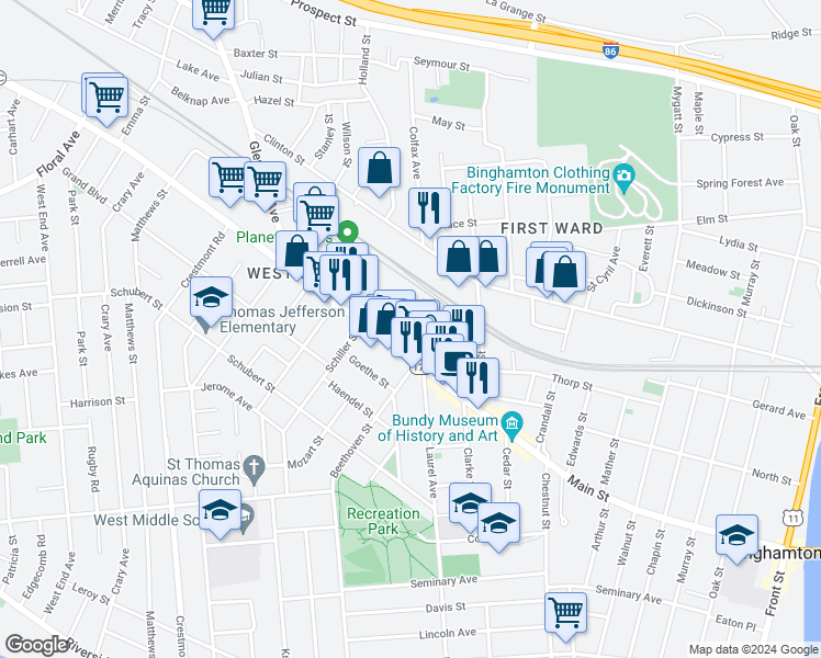 map of restaurants, bars, coffee shops, grocery stores, and more near 17 Charlotte Street in Binghamton