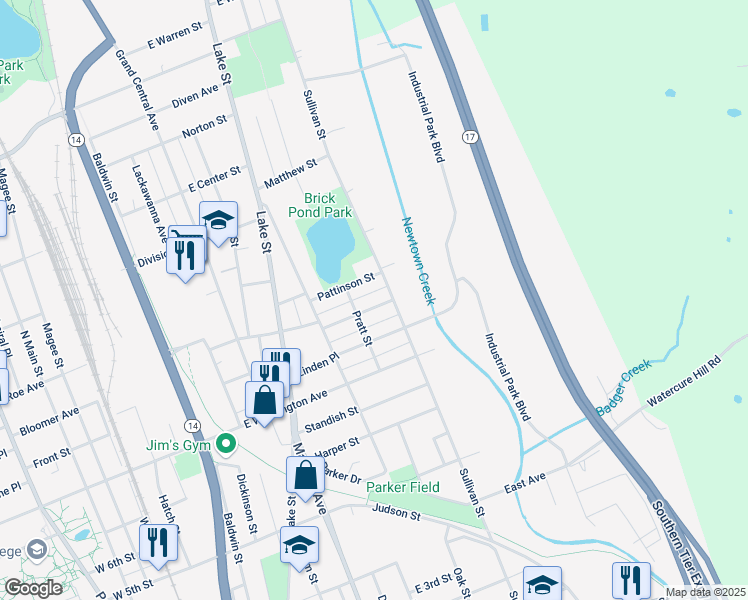map of restaurants, bars, coffee shops, grocery stores, and more near 1000 Pratt Street in Elmira