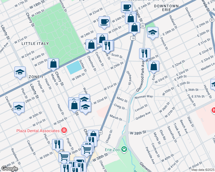 map of restaurants, bars, coffee shops, grocery stores, and more near 356 West 31st Street in Erie