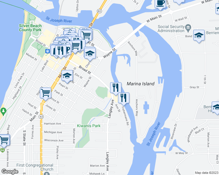 map of restaurants, bars, coffee shops, grocery stores, and more near 1221 Broad Street in St. Joseph