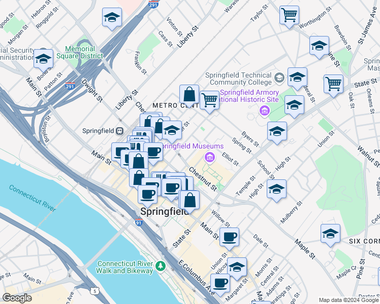 map of restaurants, bars, coffee shops, grocery stores, and more near 24 Mattoon Street in Springfield